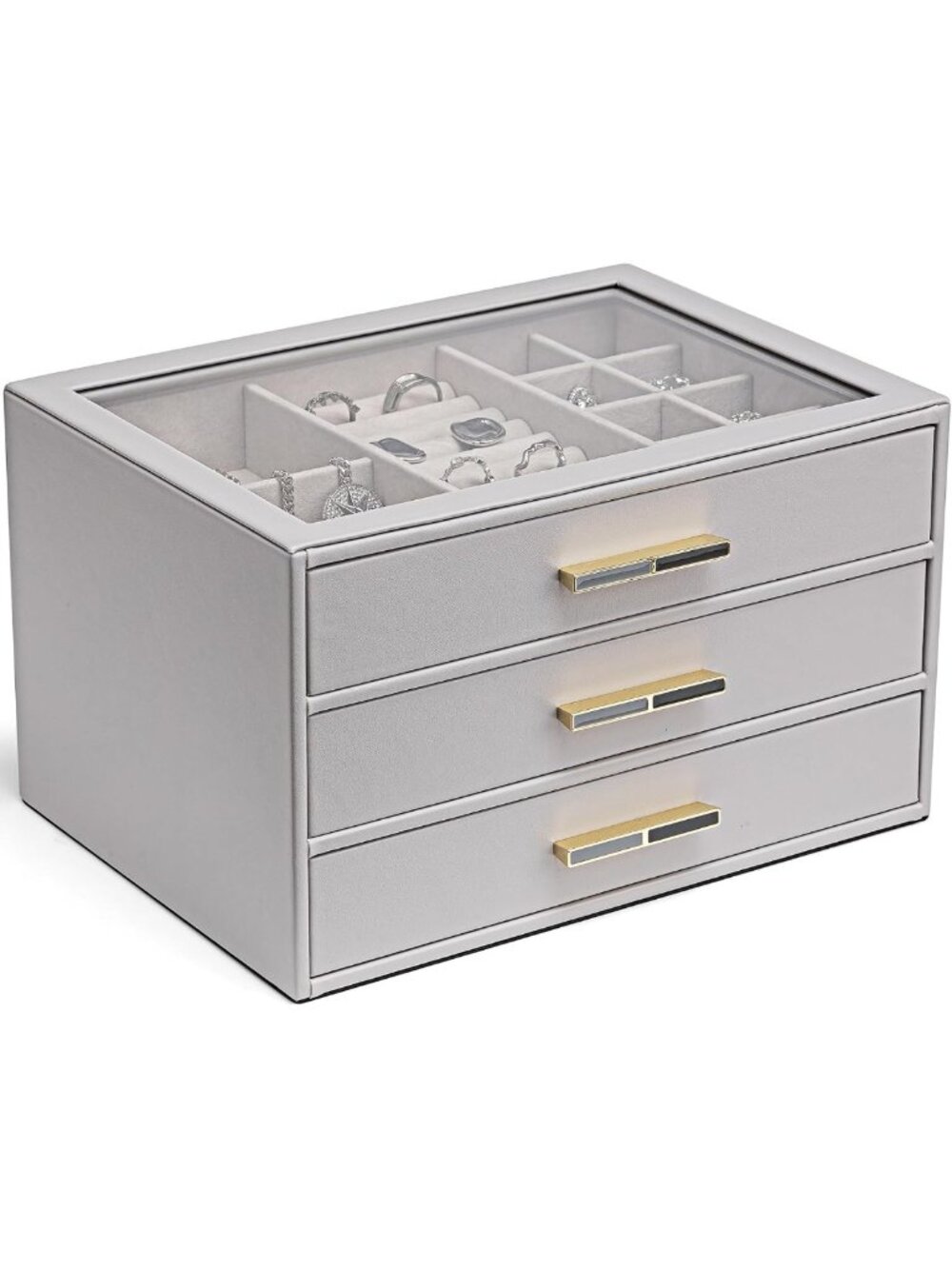 Elegant Jewelry Box Organizer with Glass Lid & 3 Drawers for Necklaces, Rings